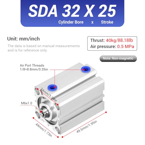 SDA32X25 Thin Air Cylinder, 32mm Bore x 25mm Stroke Dual Action Aluminum Alloy, 1/8 Port Small Pneumatic Cylinder for Industrial Automation SDA32*25