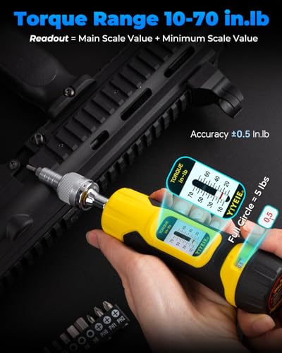 YIYEIE 1/4" Ratchet Torque Screwdriver, 10-70 in-lbs, with S2 Hex Bits