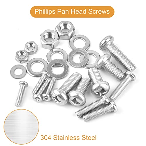 VIGRUE 1148Pcs Metric Phillips Pan Head Screws Bolt Nut Flat Washers M2 M3 M4 M5 M6 Machine Screws Assortment Kit,304 Stainless Steel M2 M3 M4 M5 M6 phillips