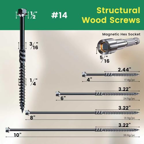 #14 x 6 Wood Structural Screws 50 Pcs, Exterior Hex-Head Lag Screws, Black Heavy Duty Construction Timber Log Landscaping Wood Screws, 5/16 Hex Socket Included #14 x 6"