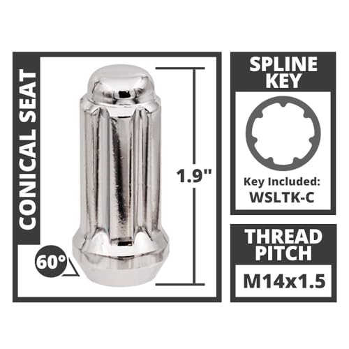 West Coast Wheel Accessories Chrome 14x1.5 Bulge Acorn Spline Lug Nuts 1.9" 6 Lug Install Kit, m14x1.5 Lug Nuts, 14x1.5 Lug Nuts 6 Point Spline, 60 Degree Conical Seat, Total of 24 Lug Nuts with Key