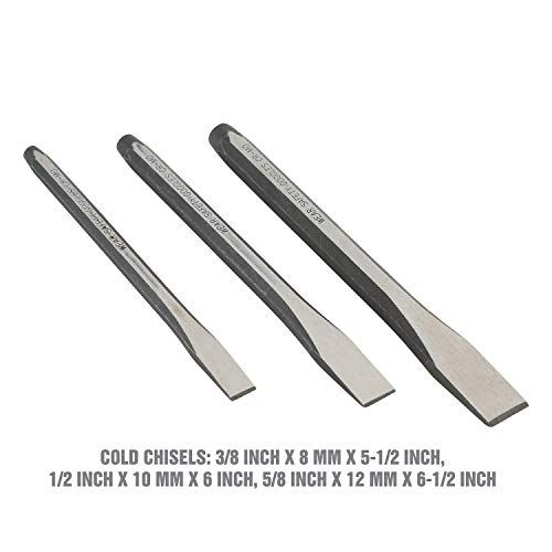 OEMTOOLS 23996 Punch and Chisel Set, 11 Piece, Cut, Shape, and Puncture Medium and Soft Metals, Heat-Treated Alloy Steel, Includes Green EVA Organizer Tray