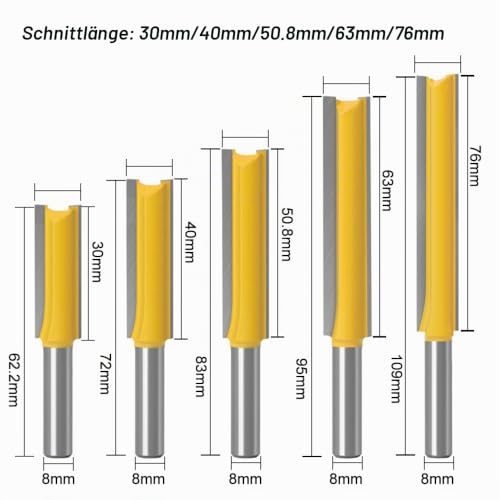 ASNOMY Pack of 5 8 mm Shank Straight Cutter Cutting Blade, Milling Cutter Groove Cutter Wood Cutter Flush Cutter for Wood, Extra Long Cutting Length -30 mm, 40 mm, 50 mm, 63 mm, 76 mm 5 Stück Gerades Fräser