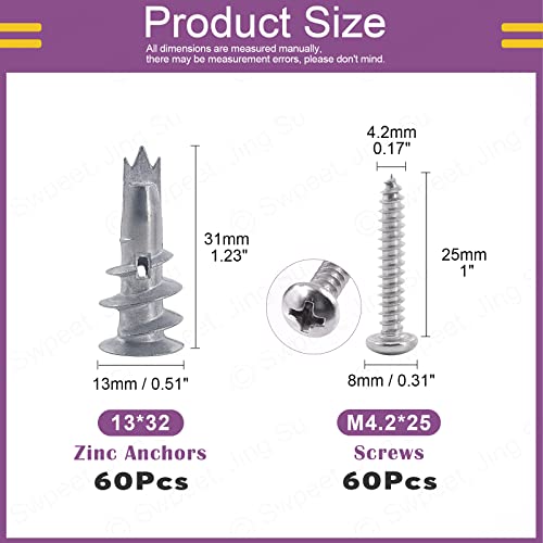 Swpeet 124Pcs Toggle Bolt Wing Nut Kit and Zinc Self Drilling Drywall Achors Kit