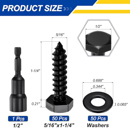 50Set Hex Head Lag Screw W/Washer&Driver Bit 5/16" x1-1/4 304SS Black 5/16"x1-1/4" 50