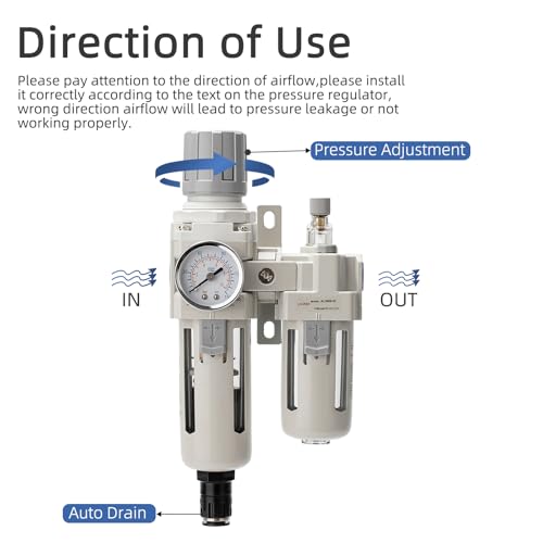 Air Pressure Regulator with Pressure Gauge(0-150PSI),Water Separator for Air Compressor Auto Drain 1/2 NPT Threaded Interface