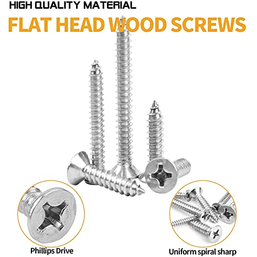 Phillips Pan + Flat Head Stainless Steel Wood Screws Assortment Kit, Sheet Metal Screws Self Tapping Screws Set, Reliable Assorted Fastener Kit with Various Length
