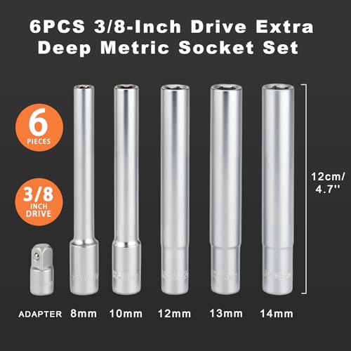 AEROFORCE 120mm Extra Deep Sockets (3/8" Drive),6-Piece Metric Set for Bumper & Tail Light Removal,Includes 1/4" Adapter & Sizes 8,10,12,13,14mm, Durable Chrome Vanadium
