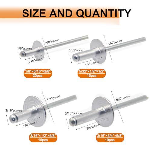 ISPINNER 60pcs Large Flange Aluminum Blind Rivets Assortment Kit with Heavy Duty Hand Riveter Rivet Gun Tool 1/8" 5/32" 3/16" Pop Rivets