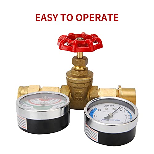 MEASUREMAN Brass Water Flow, Temperature and Pressure Test Assembly，Pressure (0-160 PSI) Flow Rate (0-13 GPM) Temperature (30-250 deg F), 3/4" GHT Female Thread & 3/4" Push-to-Connect Fitting