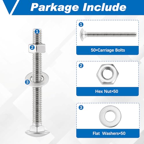 Zonon 50 Sets 5/16-18 x 2-1/2" Carriage Bolts and Nuts Kit,Silver 5/16-18 x 2-1/2" Silver