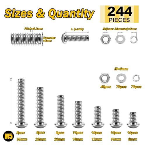 Mywish 244Pcs M5 304 Stainless Stee Metric Screw Assortment & 900Pcs M3 M4 M5 M6 Metric Screw Assortment Kit, Button Head Socket Cap Metric Screws Bolts