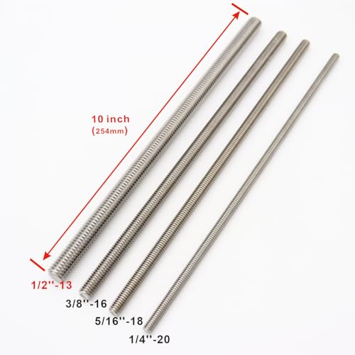 1/2"-13 Fully Threaded Rod Studs 5 Pack 10" Long Threaded Screw 304 Stainless Steel Right Hand Threads All Threaded Rod Studs for Anchor Bolts Clamps Hangers U-Bolts 1/2"-13 x 10"