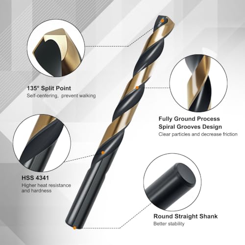 29Pcs Cobalt Drill Bit Set, 135 Degree Tip High Speed Steel with Black and Gold Finish, Stainless Steel, Plastic and Wood with Indexed Round Case 1/16"-1/2" 4341-29pc