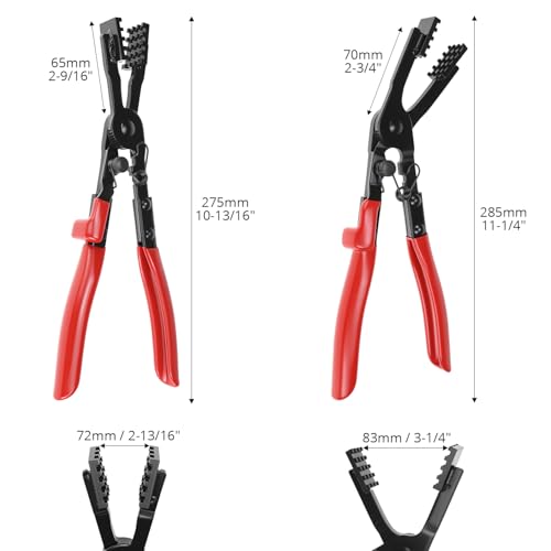 QWORK 2Pcs Multi-Angle Hose Clamp Plier Set, Heavy Duty Locking Hose Clamp Tool for Automotive Fuel Coolant Oil Pipe, Reinforced Carbon Steel Spring Button Pliers for Rusted Aging Clamps