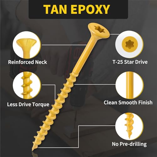 Deck Screws #10 x 3, 310pcs Epoxy Coated, T25 Star Bit Above 1500 Hour Salt Spray Coating Outdoor Decking Screws Excellent Rust Resistant for Outdoor Wood Fence, Tan and Green