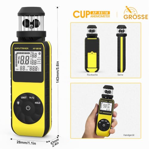 Digital Anemometer Handheld AP-881M Wind Gauge Anemometer with 360° Wind Direction Wind Cup Anemometer with Temperature (℃/℉) Measurement of Air Speed Air Volume for HVAC Vents, Boat Sailing 881M