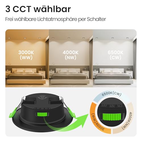 Alusso LED Recessed Spotlights Dimmable Diameter 55-68 mm 3CCT IP44 Ceiling Spotlights Pack of 6 | AC 220-240V, dimmable 10-100%, 3000K/4000K/6500K LED spots for bathroom, kitchen, black 230 V Black, 6 Pieces 12 pieces