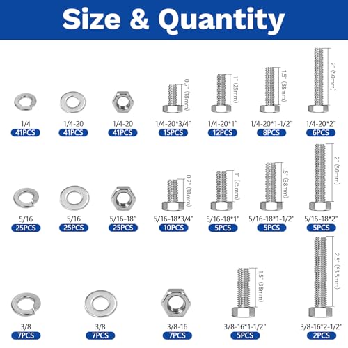 292Pcs M6 M8 M10 Hex Bolts and Nuts Assortment Kit 1/4-20 5/16-18 3/8-16 -292Pcs