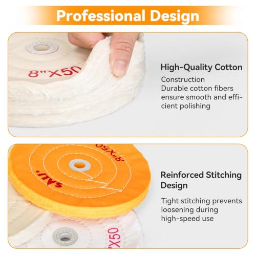 SALI 3 Pack Polishing Wheel for Bench Grinder Buffing Wheel 8 inch Yellow-Coarse White-Medium White -Fine (50 Ply) for 5/8'' Arbor Buffer Polisher Polish Pad Multi