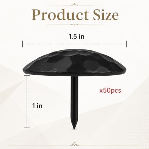 50 Pcs Black Metal Decorative Nails, 1.5 in Large Cap Tortoise Shell Textured Iron Nails, 1 in Shank Length for Antique Wooden Doors, Furniture Remodel, Architecture Decor, Craft Projects