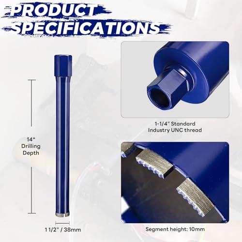 1-1/2 Inch Core Drill Bit for Concrete with Rebar - 14" Depth, Wet Use, 1-1/4"-7 UNC, Upgraded Welded Teeth for Brick, Bock, Masonry, Stone, Stucco, Alsphalt - Great for DIY & Pros (38mm) 1-1/2 Inch No Adapter