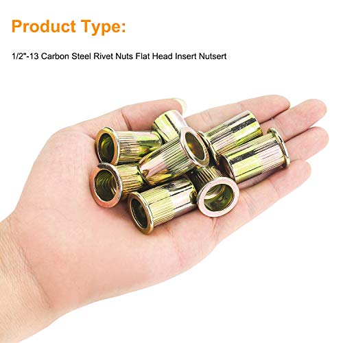 50 Pieces 1/2"-13 Zinc Plated Carbon Steel Rivet Nuts Flat Head Threaded Insert Nutsert