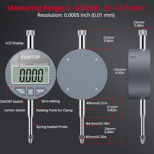 XUNTOP Digital Bore Gauge Set, 2-6"/0.0005" Digital Indicator Self-Centering Dial Bore Gauge with Carbide Anvils Deep Engine Cylinder Measurement Tool for Machining,CNC,Automotive