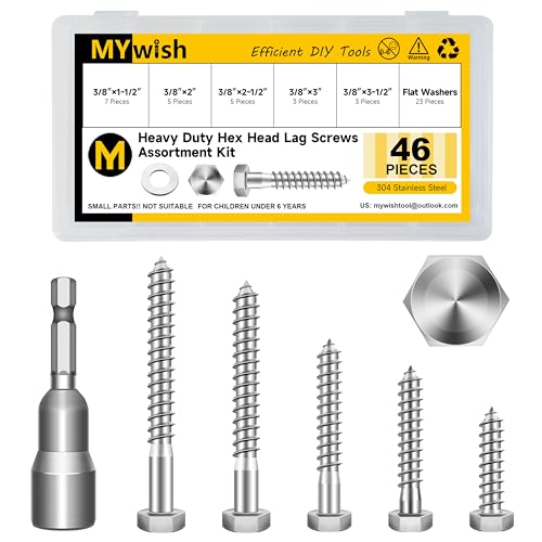 MYWISH (20Sets) 1/4" x 2-1/2" Hex Head Lag Bolts & Mywish 3/8 Hex Head Lag Screws Assortment Kit, 46Pcs Heavy Duty Lag Bolts with Washers, 304 Stainless Steel Bolts 18-8 5-Size Wood Screws for Outdoor