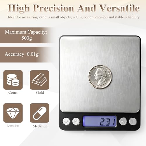 Digital Jewelry Scale, 500g x 0.01g High Precision Gold Scale, Portable Gram Scale with LCD Display, Tare Function, PCS Counting, Professional Small Scale for Jewelers Collectors Pawn Shops