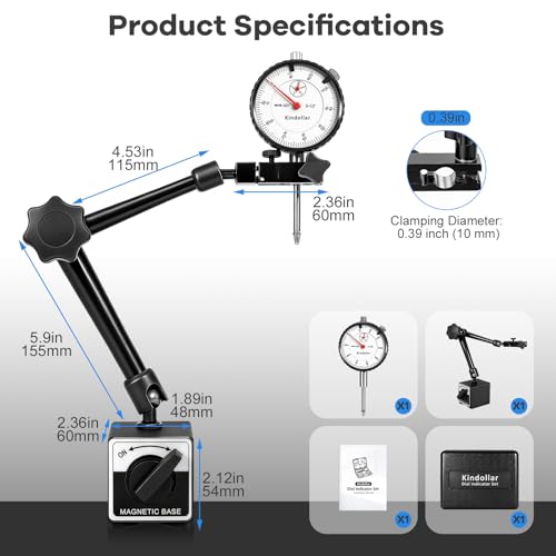 Dial Indicator with Magnetic Base, 0-1 inch Dial Test Gauge Indicators Graduation 0.001",132lbs Mag Base Runout Gauge Set