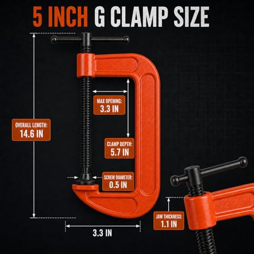 RHBLME 4 Pack Heavy Duty C Clamp, 5 Inch Malleable Iron C-Clamp G Clamp, Up To 5 Inch Jaw Opening, 3 Inch Throat Depth with T-Bar Handle for Woodworking, Welding, Building