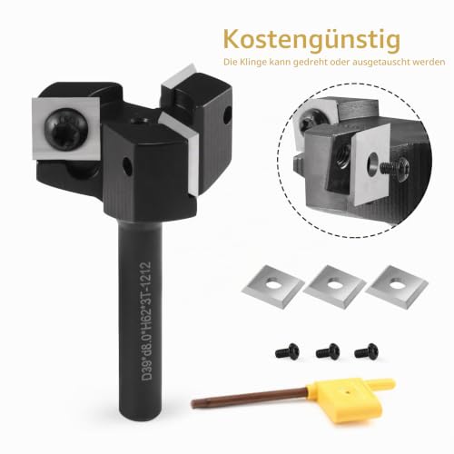 Face Milling Cutter 6 mm Shank 25.4 mm with 10 Interchangeable Carbide Blades 2 Flutes Face Cutter for Router Cutter CNC Machines One (3 Flutes, S = 8 mm, D = 39 mm) S=8 mm, D=39 mm 3 flutes