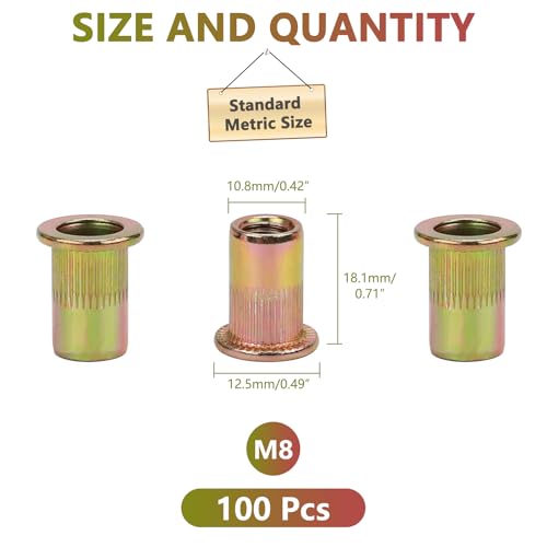 100pcs M8 Rivet Nuts, M8 Flat Head Rivnut Threaded Insert Nuts with Knurled Body, Metric Zinc Plated Carbon Steel Insert Nutsert for Automotive, Furniture, Decoration (Pack of 2) M8 (Pack of 2)