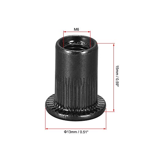 uxcell M6 Rivet Nuts Carbon Steel Zinc-Plated Knurled Flat Head Threaded Insert Nut Black 100Pcs