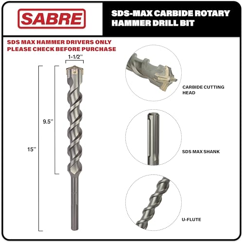 1-1/2 Inch x 15 Inch SDS MAX Rotary Hammer Drill Bit, U-Flute, Carbide Tipped for Brick, Stone, Concrete SDS MAX Drivers ONLY (1-1/2inches x 9.5inches x 15 1-1/2" x 15"
