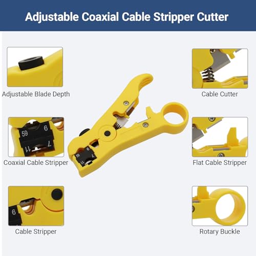 Professional Coax Cable Crimper Kit with Wire Stripper & RG6 Compression Connectors – Adjustable Coax Crimper Tool Set for TV, Satellite & Home Network Coaxial Cable Connector Installations