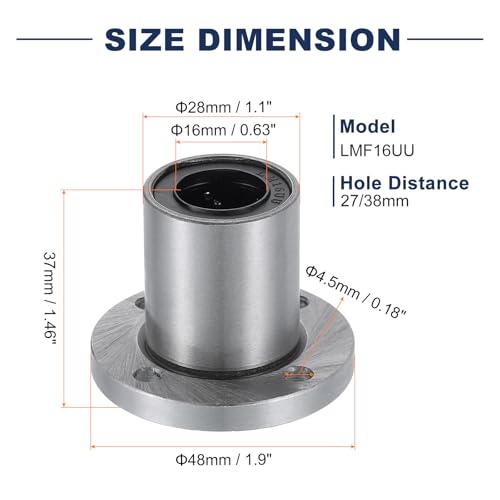 sourcing map LMF16UU Linear Ball Bearings 16mm Bore 28mm OD 37mm Length Round Flange Nickel Plated with Screws for CNC Machine 3D Printer 2pcs