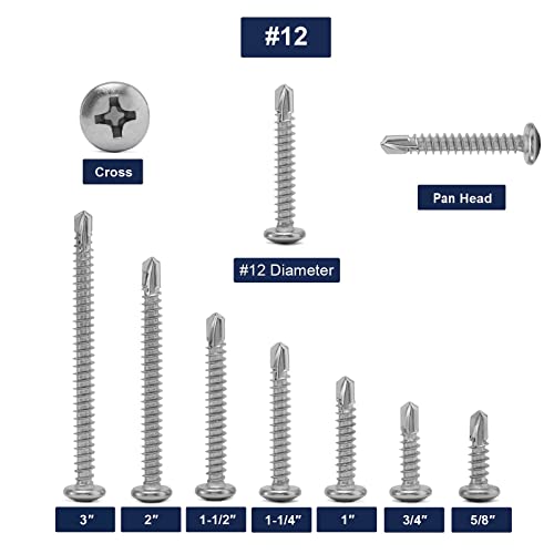 #12 x 3" Sheet Metal Screws 100Pcs 410 Stainless Steel Pan Head Fast Self Tapping Screws by SG TZH #12 x 3"