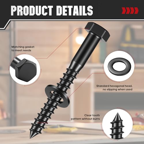 (50 Sets) 5/16" x 3" Hex Head Lag Screws, Heavy Duty Lag Bolts with Washers, Black Zinc Plated Furniture Screws for Fence, Furniture Installation & Wood Construction 5/16x3in 50pcs