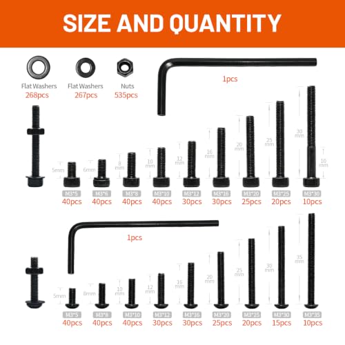 1600PCS Metric M3 Hex Socket Head Cap Screws Kit, Black Oxide Carbon Steel Fasteners with Nuts Washers, 16 Sizes, Storage Case for Electronics DIY Furniture Assembly