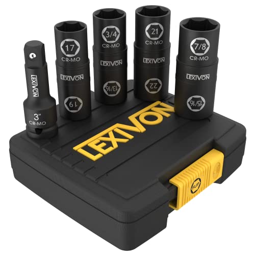LEXIVON Lug Nut Impact Socket Set, 1/2-Inch Drive | Innovative 8-IN-4 Flip Socket Design, Covers Most Commonly Used Inch & Metric Wheel Nuts | Cr-Mo Steel = Full Impact Grade (LX-110) 1/2" sockets Set, to 17 19 21, 22mm, 3/4", 13/16", 7/8", 15/16