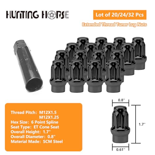 32 Pcs M12X1.5 ET Bulge Acorn 1.70" Long Spline Lug Nuts with Dual Hex 6 Spline Key, Black 32
