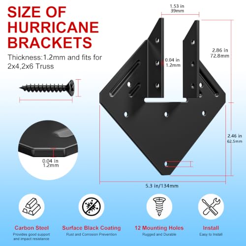 Black Hurricane Ties for Rafter 10 PCS ，16 Gauge 1.2mm，Heavy Duty Joist Hangers for Roofing Trusses Wood，Roofing Trusses 120 Screws Black