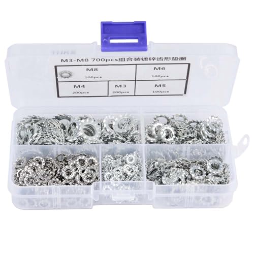 Oumefar 700Pcs Serrated Lock Washer Kit,Stainless Steel Galvanized Internal Star Tooth Lock Washers Fastening Tool Assort Set with Box, External Tooth Washers Assortment Set(M3/M4/M5/M6/M8)