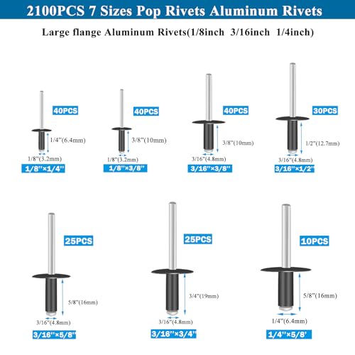 210pcs Black Pop Rivets Assortment Kit,7 Sizes Large Flange Aluminum Rivets(1/8 inch 3/16 inch 1/4 inch),Assorted Blind Rivets for DIY/Automotive Repairs/with Box