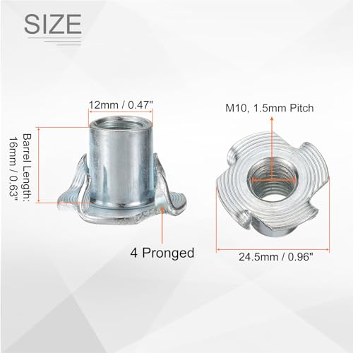 HARFINGTON M10x17mm T-Nuts 4 Pronged Tee Nut 0.96" x 0.67" Fully Thread Carbon Steel Inserts for Wood, Rock Climbing Holds, Cabinetry, Furniture 100pcs M10x17mm, 24.5mm