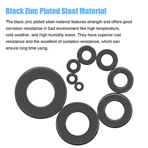 DYWISHKEY 700 Pieces 9 Sizes Black Zinc Plated Steel Flat Washers Assortment Kit (M2 M2.5 M3 M4 M5 M6 M8 M10 M12)