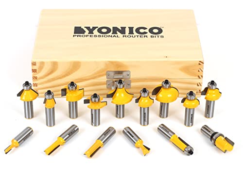 YONICO Router Bits Set 15 Bit 1/2-Inch Shank 17150 Professional Carbide Tipped Roundover, Cove, Chamfer, Bevel, Dovetail, Straight, Flush Trim, Slotting, Roman Ogee fresas de Router para Madera 15 Bit Set - 1/2" Shank