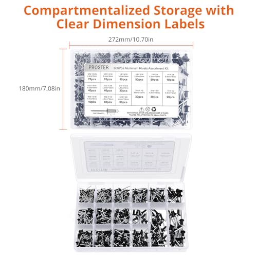 Proster 600Pcs Black + 600Pcs Silver Aluminum Blind Rivets